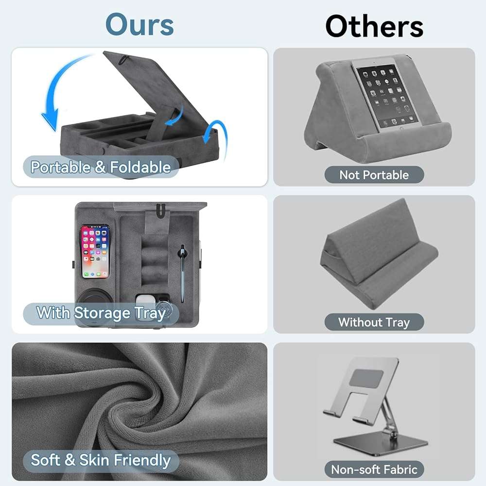 AEWOTING Tablet Pillow Stand for Lap, Bed and Desk, Foldable Soft iPad Holder with Snack Bowl for Kindle,Phone,Tablet,E-Reader,Free Reading and Relaxation on Bed,Couch,Recliner,Gray - Image 6