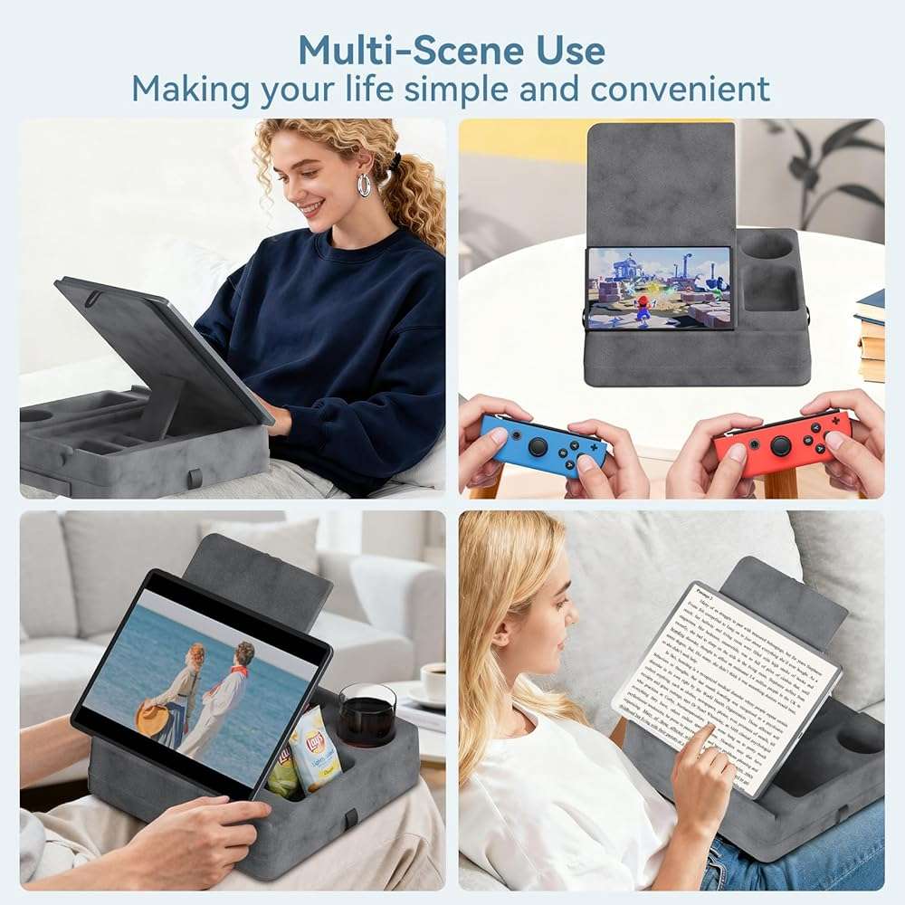 AEWOTING Tablet Pillow Stand for Lap, Bed and Desk, Foldable Soft iPad Holder with Snack Bowl for Kindle,Phone,Tablet,E-Reader,Free Reading and Relaxation on Bed,Couch,Recliner,Gray - Image 7