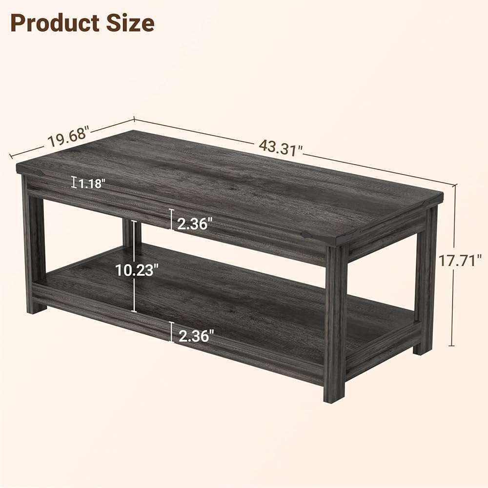 Homieasy 43.3” Rectangular Coffee Table with Storage Shelf, Farmhouse Wood Center Table for Living Room, Modern Black Tea Table with Open Shelf, Grey - Image 2