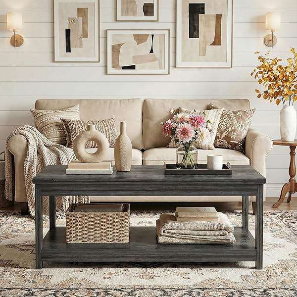 Homieasy 43.3” Rectangular Coffee Table with Storage Shelf, Farmhouse Wood Center Table for Living Room, Modern Black Tea Table with Open Shelf, Grey - Image 3