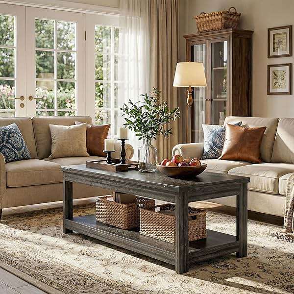 Homieasy 43.3” Rectangular Coffee Table with Storage Shelf, Farmhouse Wood Center Table for Living Room, Modern Black Tea Table with Open Shelf, Grey - Image 5