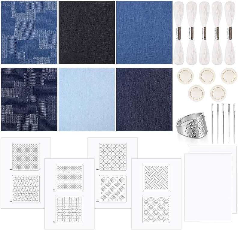 28 Pcs Sashiko Thread Kit Sashiko Needles Denim Fabric Embroidery Patterns Thimble Water Soluble Embroidery Kit for Sewing Hand Quilting Mending Supplies - Image 1