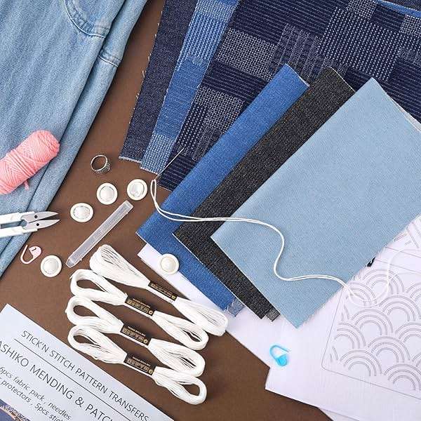 28 Pcs Sashiko Thread Kit Sashiko Needles Denim Fabric Embroidery Patterns Thimble Water Soluble Embroidery Kit for Sewing Hand Quilting Mending Supplies - Image 4