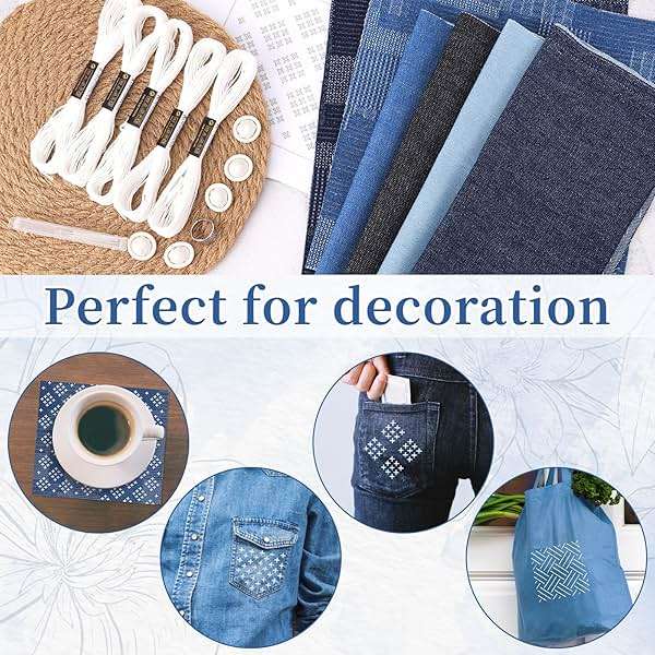 28 Pcs Sashiko Thread Kit Sashiko Needles Denim Fabric Embroidery Patterns Thimble Water Soluble Embroidery Kit for Sewing Hand Quilting Mending Supplies - Image 6