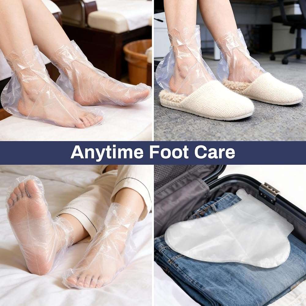 RAQEHO 200Pcs Plastic Foot Covers for Feet - Paraffin Bath Moisturizing Socks, Disposable Foot Gloves for Dry Cracked Heel Treatment Foot Care, Overnight Pedicure Bags Lotion Sock for Soften Feet - Image 7
