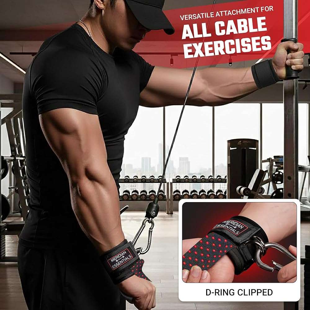 Meridian Essentials Weightlifting Straps with D-Ring – Heavy-Duty Lifting Straps with Cable Attachment, Neoprene Wrist Padding & Non-Slip Grip for Deadlifts, Rows, Cable Workouts & Pull Exercises - Black - Image 3
