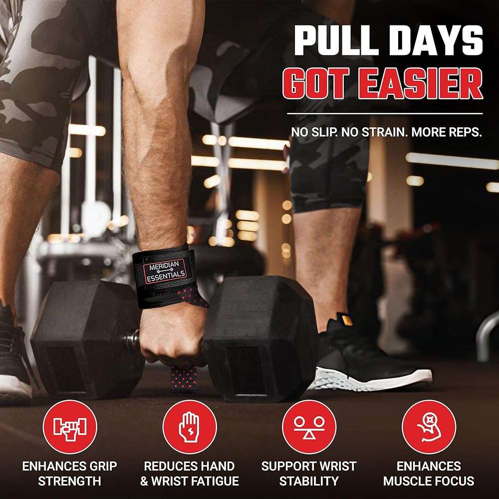 Meridian Essentials Weightlifting Straps with D-Ring – Heavy-Duty Lifting Straps with Cable Attachment, Neoprene Wrist Padding & Non-Slip Grip for Deadlifts, Rows, Cable Workouts & Pull Exercises - Black - Image 4
