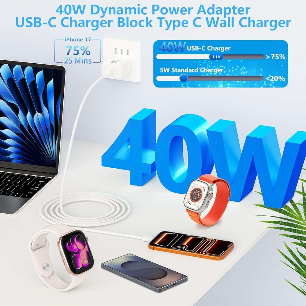 [Apple MFi Certified] iPhone 17 Charger Fast Charging, LANWK 2Pack 40W USB-C Charger Block Dynamic Power Adapter Type C Wall Charger with 6FT Type-C Cord for iPhone 17/17 Pro/17 Pro Max/16 Pro/15/iPad - Image 5