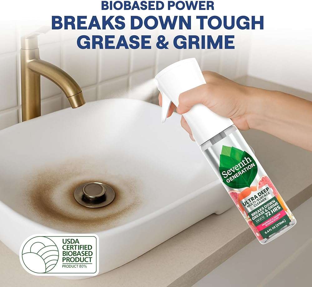 Seventh Generation Ultra Deep Probiotic Multi Surface Cleaner, 9.4 Fl Oz, Grapefruit & Orange, 80% USDA Biobased All Purpose Cleaning Spray, Breaks Down Tough Grease & Grime, Safe for Kids & Pets - Image 6