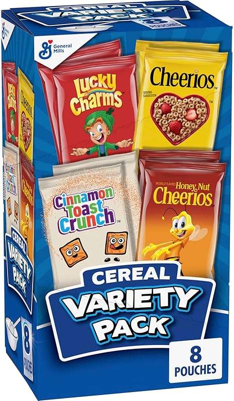 Breakfast Cereal Variety Pack, Lucky Charms, Cinnamon Toast Crunch, Cheerios, and Honey Nut Cheerios, 8 Pouches, 9.14 oz - Image 1