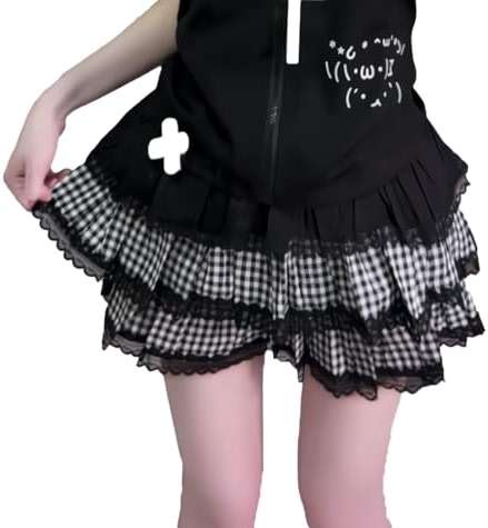 Y2K Lace Plaid Ruffled Skirt for Women Cute Elastic Harajuku Puffy Bubble Mini Skits Casual High Waist Underskirt - Image 1