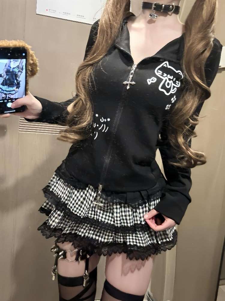 Y2K Lace Plaid Ruffled Skirt for Women Cute Elastic Harajuku Puffy Bubble Mini Skits Casual High Waist Underskirt - Image 2