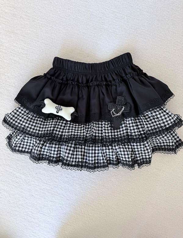 Y2K Lace Plaid Ruffled Skirt for Women Cute Elastic Harajuku Puffy Bubble Mini Skits Casual High Waist Underskirt - Image 3
