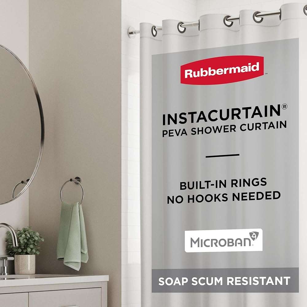 Rubbermaid White No Hook 3-in-1 Shower Curtain, Heavyweight Waterproof PEVA Instacurtain for Bathroom with Magnets and Charcoal Gray Built-in Rustproof Rings, 71” x 74”, White - Image 1