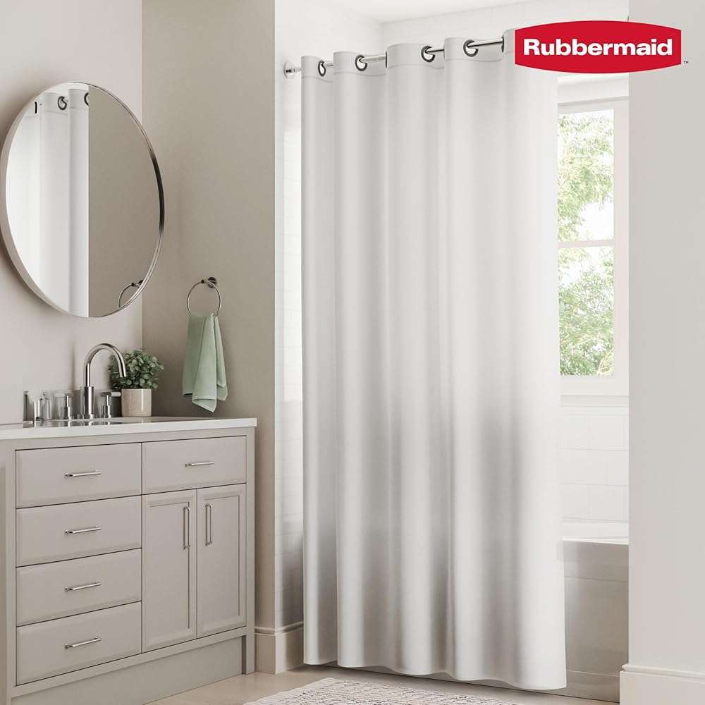 Rubbermaid White No Hook 3-in-1 Shower Curtain, Heavyweight Waterproof PEVA Instacurtain for Bathroom with Magnets and Charcoal Gray Built-in Rustproof Rings, 71” x 74”, White - Image 2