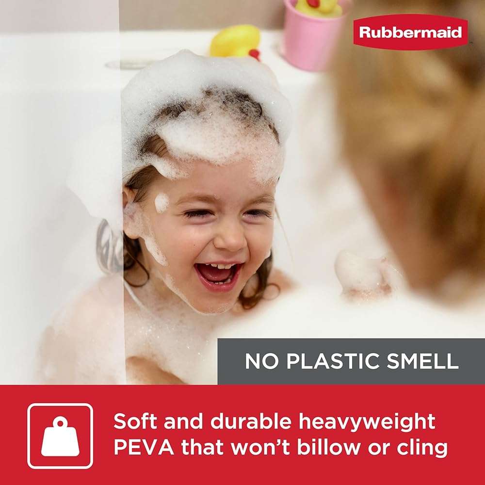 Rubbermaid White No Hook 3-in-1 Shower Curtain, Heavyweight Waterproof PEVA Instacurtain for Bathroom with Magnets and Charcoal Gray Built-in Rustproof Rings, 71” x 74”, White - Image 4