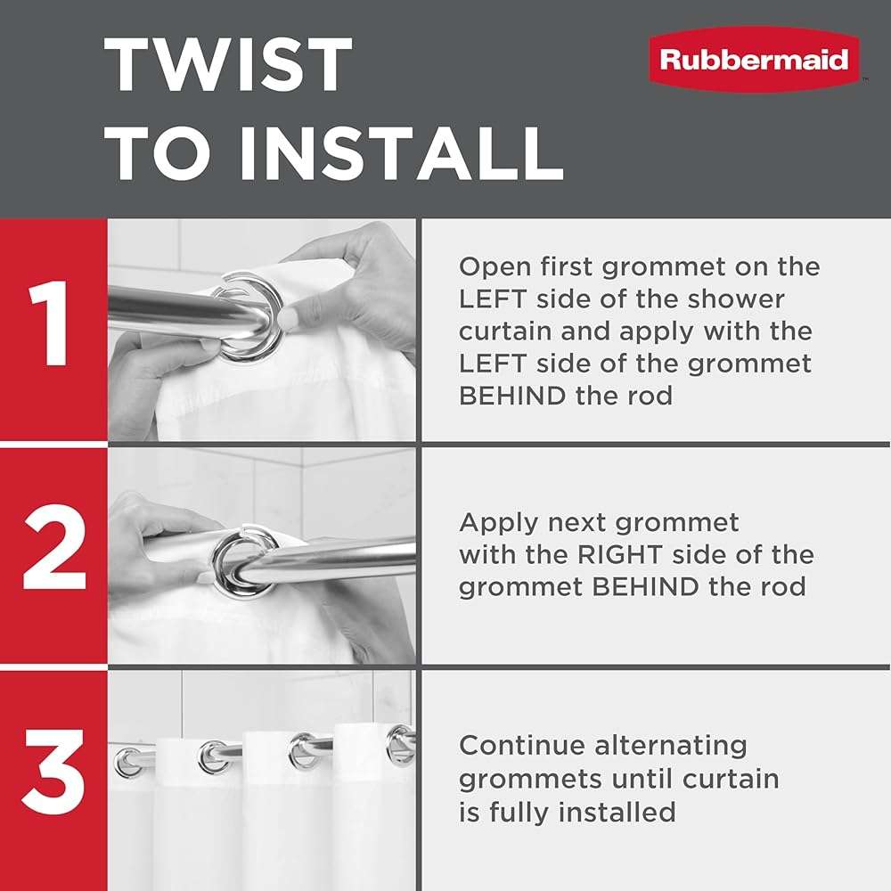 Rubbermaid White No Hook 3-in-1 Shower Curtain, Heavyweight Waterproof PEVA Instacurtain for Bathroom with Magnets and Charcoal Gray Built-in Rustproof Rings, 71” x 74”, White - Image 9