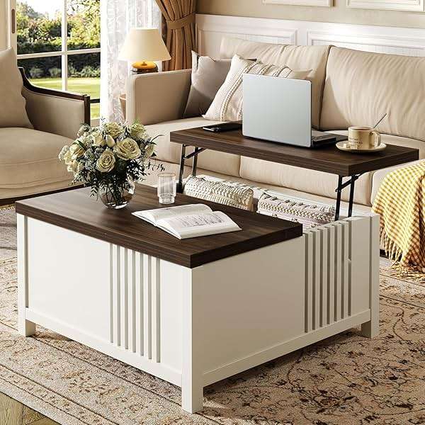 knoworld Farmhouse Lift Top Coffee Table with Storage, 35" Square Large Coffee Table with Hidden Compartment, Rustic Wood Center Table for Living Room, White - Image 1