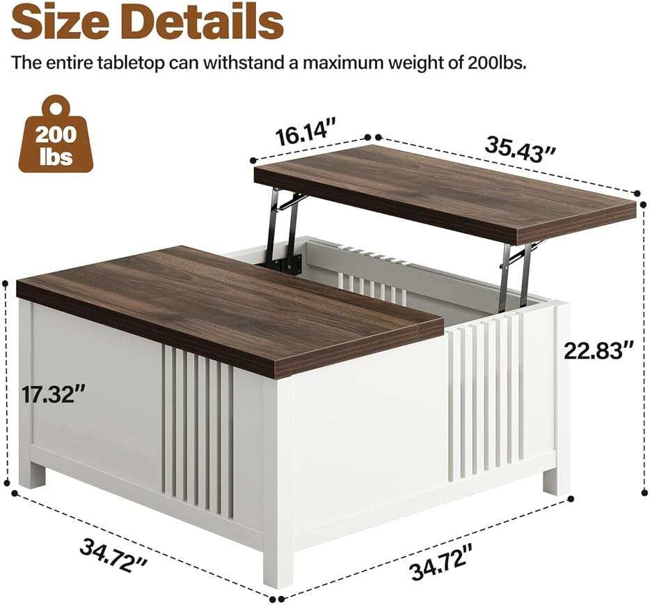 knoworld Farmhouse Lift Top Coffee Table with Storage, 35" Square Large Coffee Table with Hidden Compartment, Rustic Wood Center Table for Living Room, White - Image 2