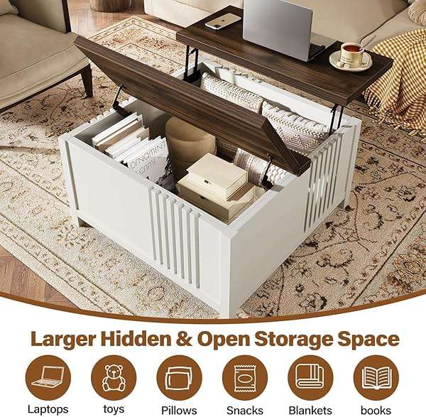 knoworld Farmhouse Lift Top Coffee Table with Storage, 35" Square Large Coffee Table with Hidden Compartment, Rustic Wood Center Table for Living Room, White - Image 3