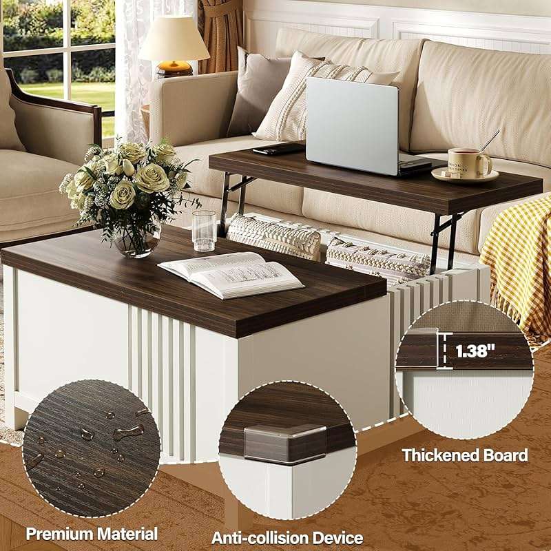 knoworld Farmhouse Lift Top Coffee Table with Storage, 35" Square Large Coffee Table with Hidden Compartment, Rustic Wood Center Table for Living Room, White - Image 5