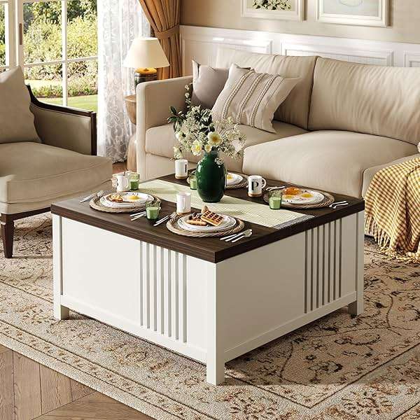 knoworld Farmhouse Lift Top Coffee Table with Storage, 35" Square Large Coffee Table with Hidden Compartment, Rustic Wood Center Table for Living Room, White - Image 6