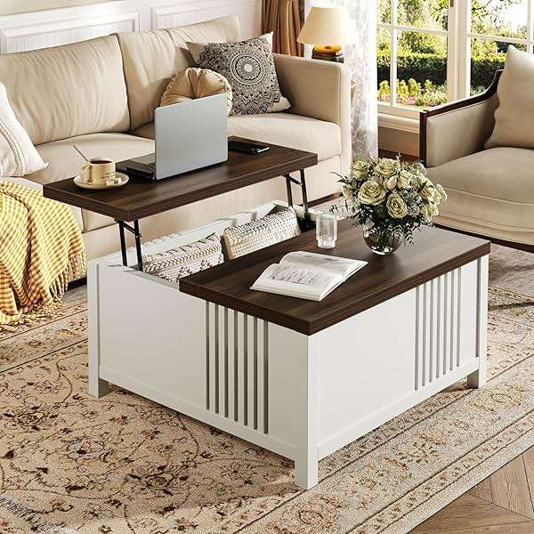 knoworld Farmhouse Lift Top Coffee Table with Storage, 35" Square Large Coffee Table with Hidden Compartment, Rustic Wood Center Table for Living Room, White - Image 7