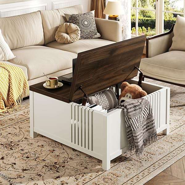 knoworld Farmhouse Lift Top Coffee Table with Storage, 35" Square Large Coffee Table with Hidden Compartment, Rustic Wood Center Table for Living Room, White - Image 8