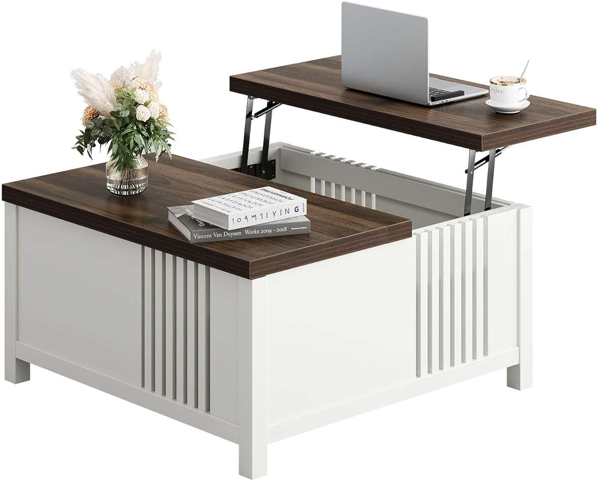 knoworld Farmhouse Lift Top Coffee Table with Storage, 35" Square Large Coffee Table with Hidden Compartment, Rustic Wood Center Table for Living Room, White - Image 9