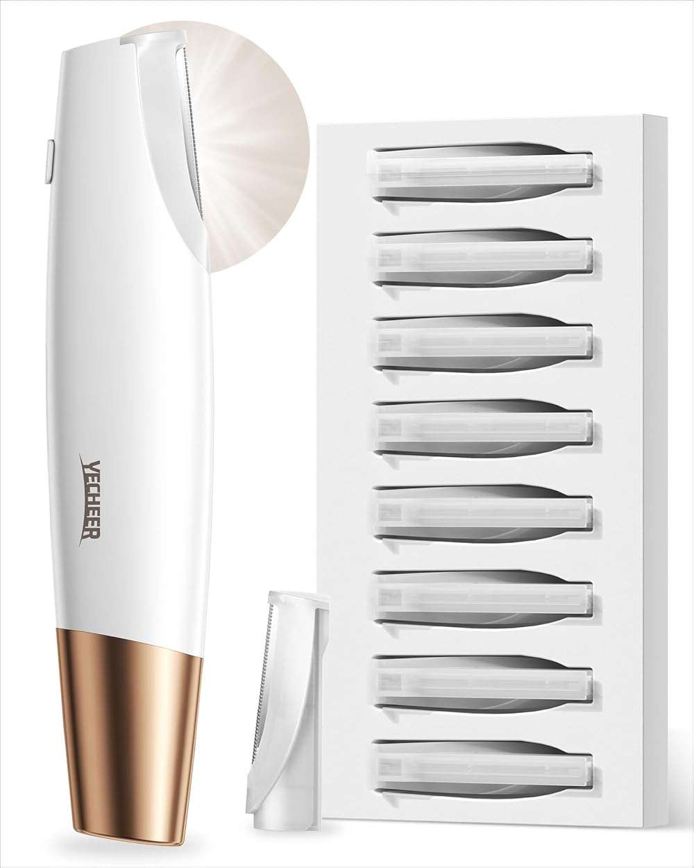 Yecheer Dermaplane Razor for Women Face: Sonic Dermaplaning Tool for Smooth Skin - Professional Peach Fuzz Remover w/LED Light&8 Refill Blades - Non-Irritating Electric Facial Hair Removal (White) - Image 1