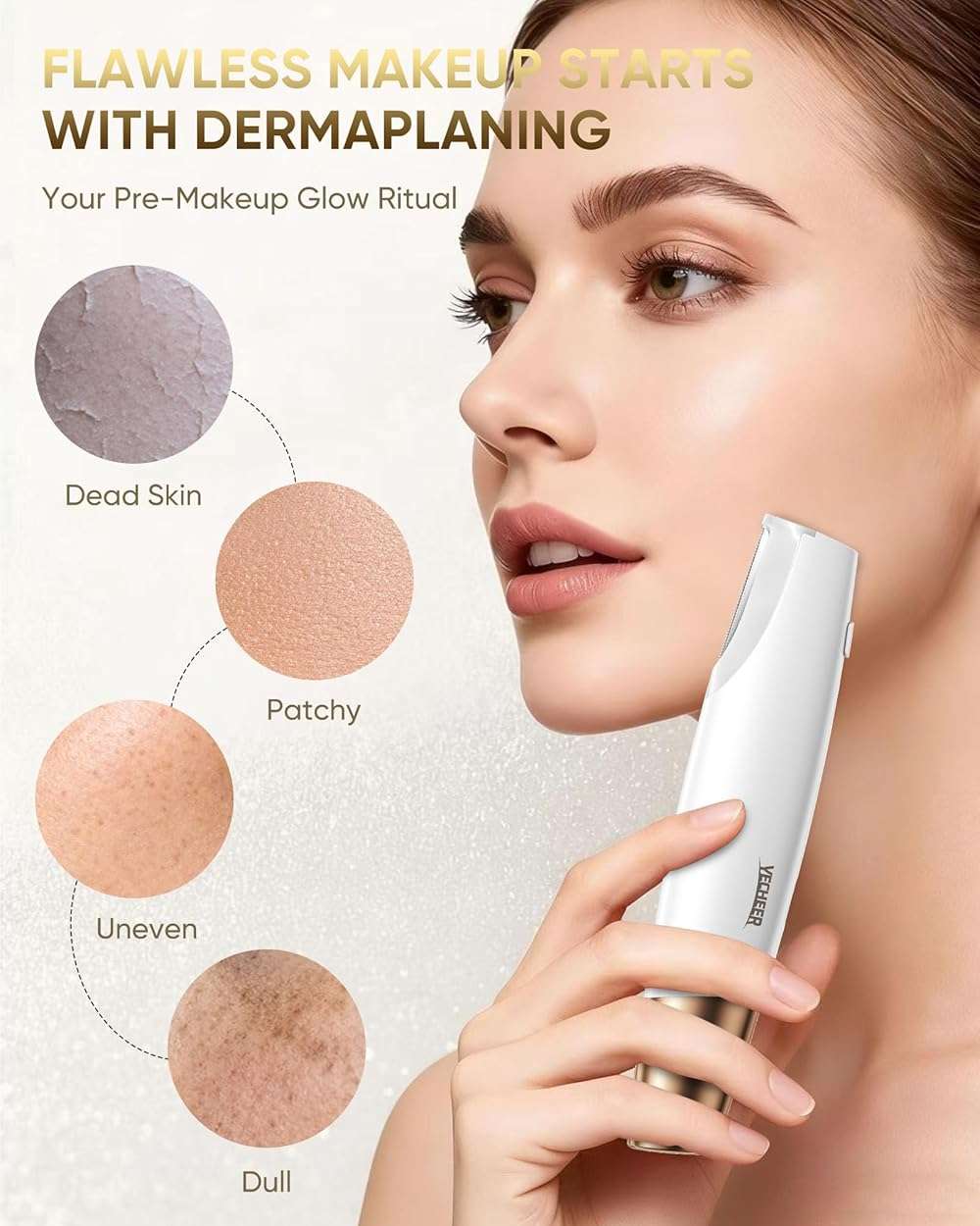 Yecheer Dermaplane Razor for Women Face: Sonic Dermaplaning Tool for Smooth Skin - Professional Peach Fuzz Remover w/LED Light&8 Refill Blades - Non-Irritating Electric Facial Hair Removal (White) - Image 4