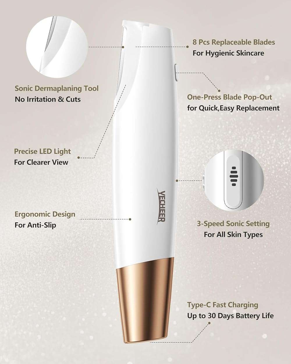 Yecheer Dermaplane Razor for Women Face: Sonic Dermaplaning Tool for Smooth Skin - Professional Peach Fuzz Remover w/LED Light&8 Refill Blades - Non-Irritating Electric Facial Hair Removal (White) - Image 5
