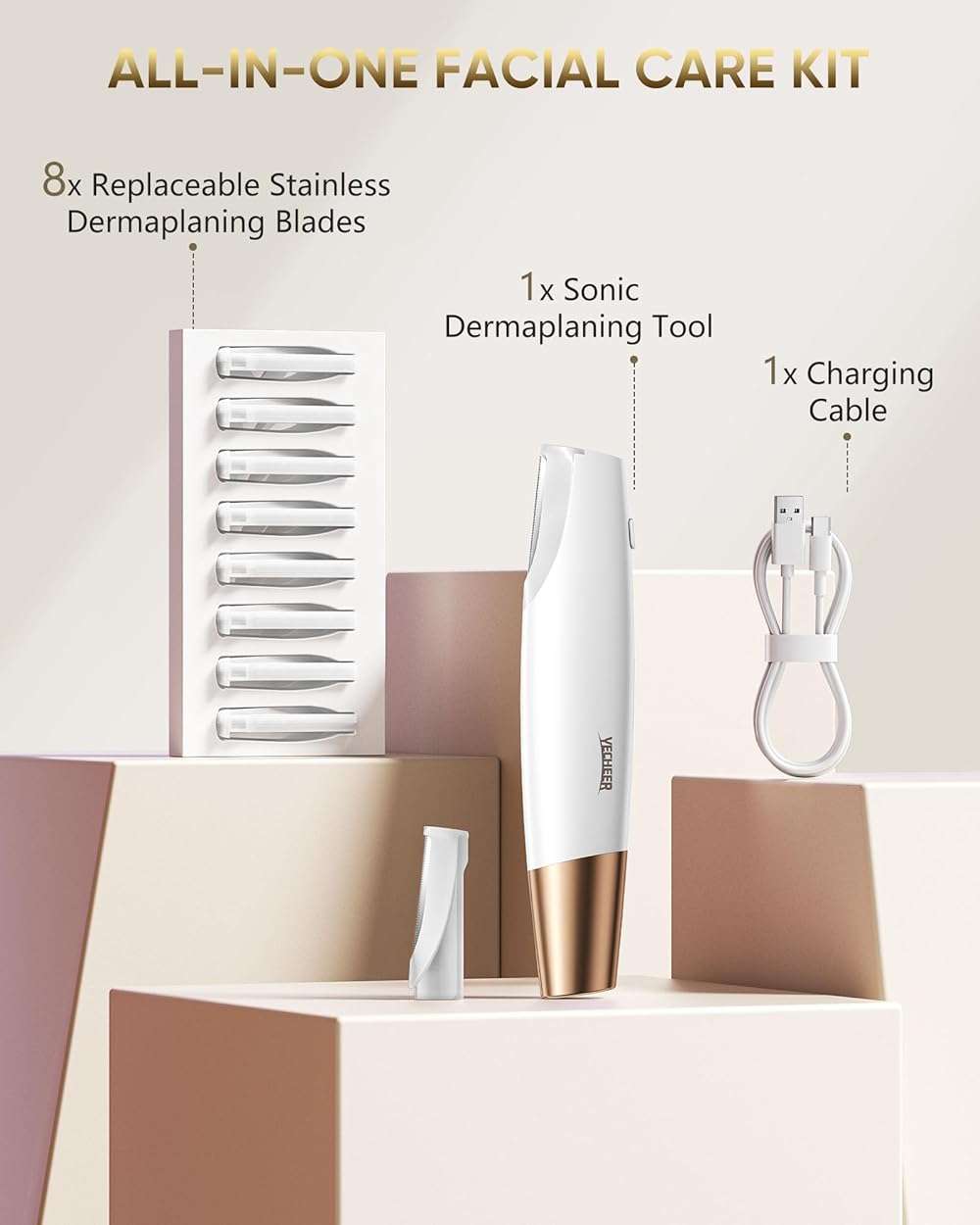 Yecheer Dermaplane Razor for Women Face: Sonic Dermaplaning Tool for Smooth Skin - Professional Peach Fuzz Remover w/LED Light&8 Refill Blades - Non-Irritating Electric Facial Hair Removal (White) - Image 7