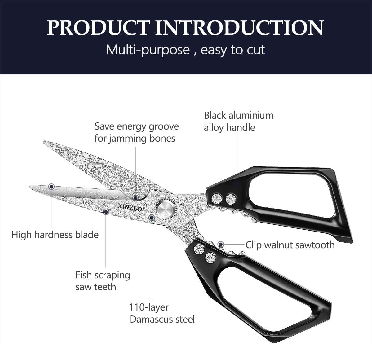 XINZUO Sharp Kitchen Scissors with Black Handle,110 Layers Damascus Steel Multipurpose Heavy Duty Kitchen Shears for Poultry/Vegetables/Fish/Nuts - Image 4