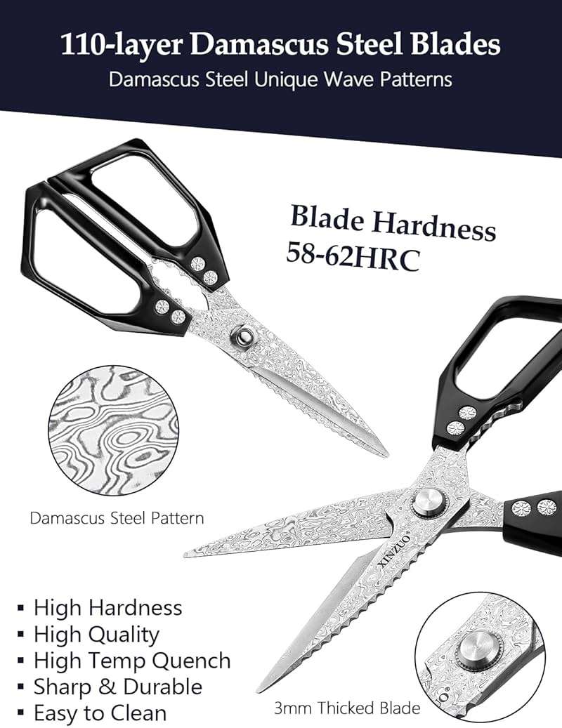 XINZUO Sharp Kitchen Scissors with Black Handle,110 Layers Damascus Steel Multipurpose Heavy Duty Kitchen Shears for Poultry/Vegetables/Fish/Nuts - Image 5