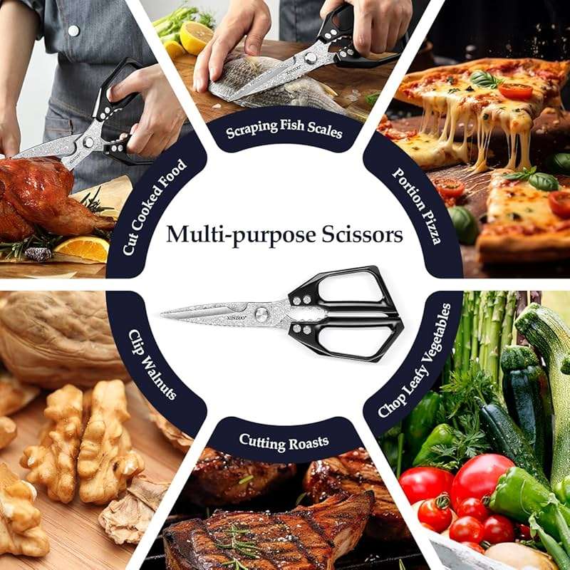 XINZUO Sharp Kitchen Scissors with Black Handle,110 Layers Damascus Steel Multipurpose Heavy Duty Kitchen Shears for Poultry/Vegetables/Fish/Nuts - Image 6