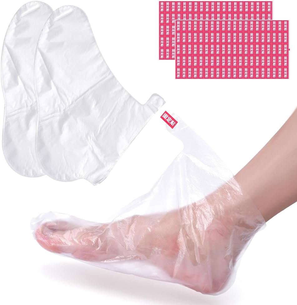 KAZIPOP 200PCS Plastic Foot Covers Clear Foot Mask Socks with Stickers Leak-Proof Disposable Foot Masks for Pedicure & Foot Care Moisturizing - Image 1