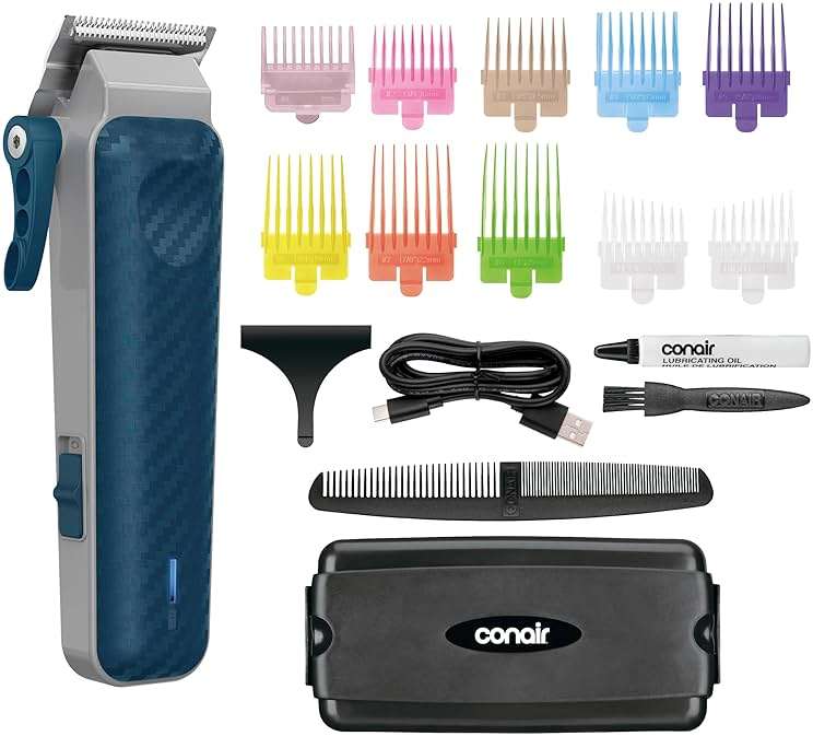 Conair Men Lithium-Ion Rechargeable Hair Clipper 17-Piece Kit | Cordless clipper with USB-C quick charge and 10 color-coded guides for home haircuts, 17-Piece Kit, Model HC379GL6 - Image 1