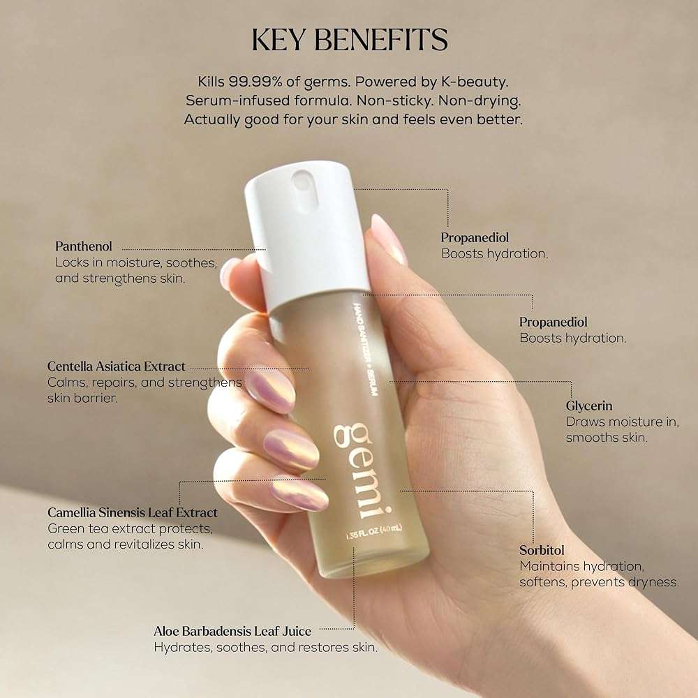 gemi Hand Sanitizer + Serum™ | Travel Spray Size Hydrating K-Beauty Formula with Centella, Vitamin B5 & Green Tea | Kills 99.9% of Germs | Portable Pocket Orange, Rosemary & Lemon Mist | Solenne - Image 5