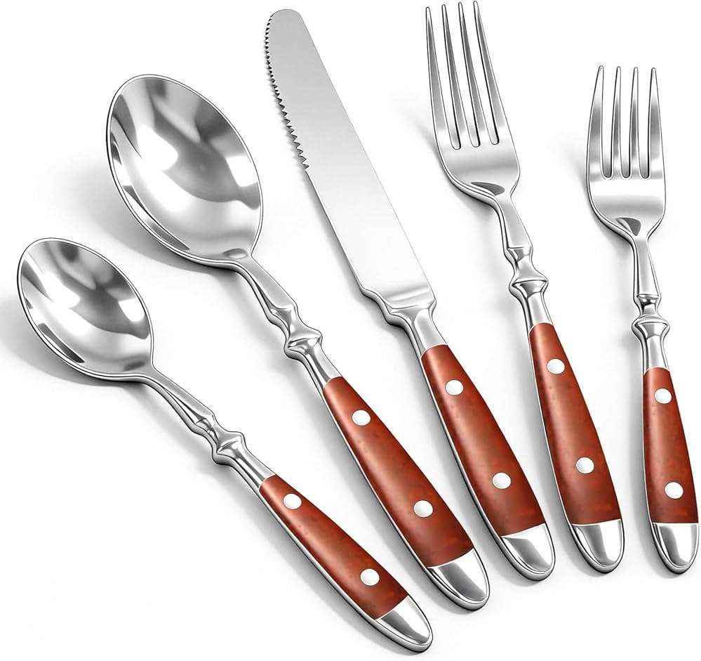 Cooluxry 20pcs Brown Silverware Set Service for 4,Vintage Flatware Set with Brown Bakelite Handle, Stainless Steel Cutlery Set, Dishwasher Safe - Image 1