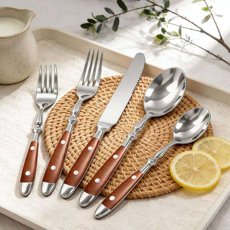 Cooluxry 20pcs Brown Silverware Set Service for 4,Vintage Flatware Set with Brown Bakelite Handle, Stainless Steel Cutlery Set, Dishwasher Safe - Image 4