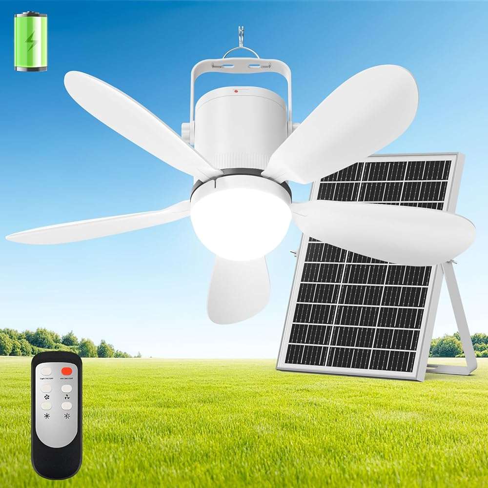 Micosong 21” Solar Ceiling Fan Light, 35W Solar Powered Gazebo Fan with Remote Control, Rechargeable Battery Operated Portable Camping Fan Outside, for Tent Patio Greenhouse Porch Canopy Pergola - Image 1