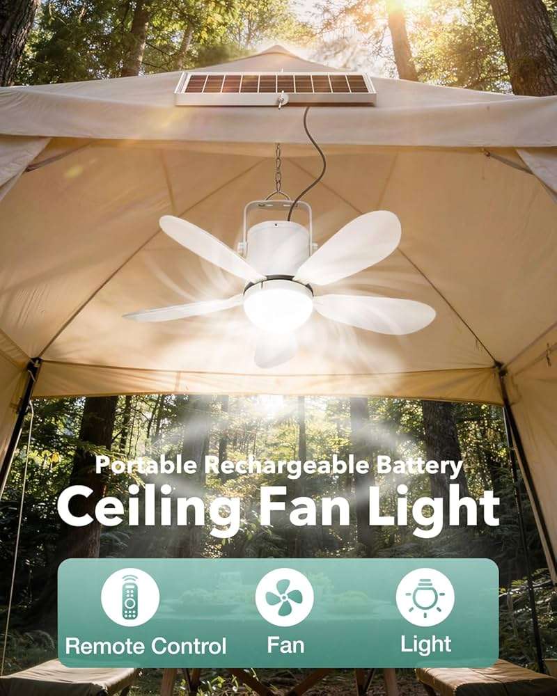 Micosong 21” Solar Ceiling Fan Light, 35W Solar Powered Gazebo Fan with Remote Control, Rechargeable Battery Operated Portable Camping Fan Outside, for Tent Patio Greenhouse Porch Canopy Pergola - Image 3