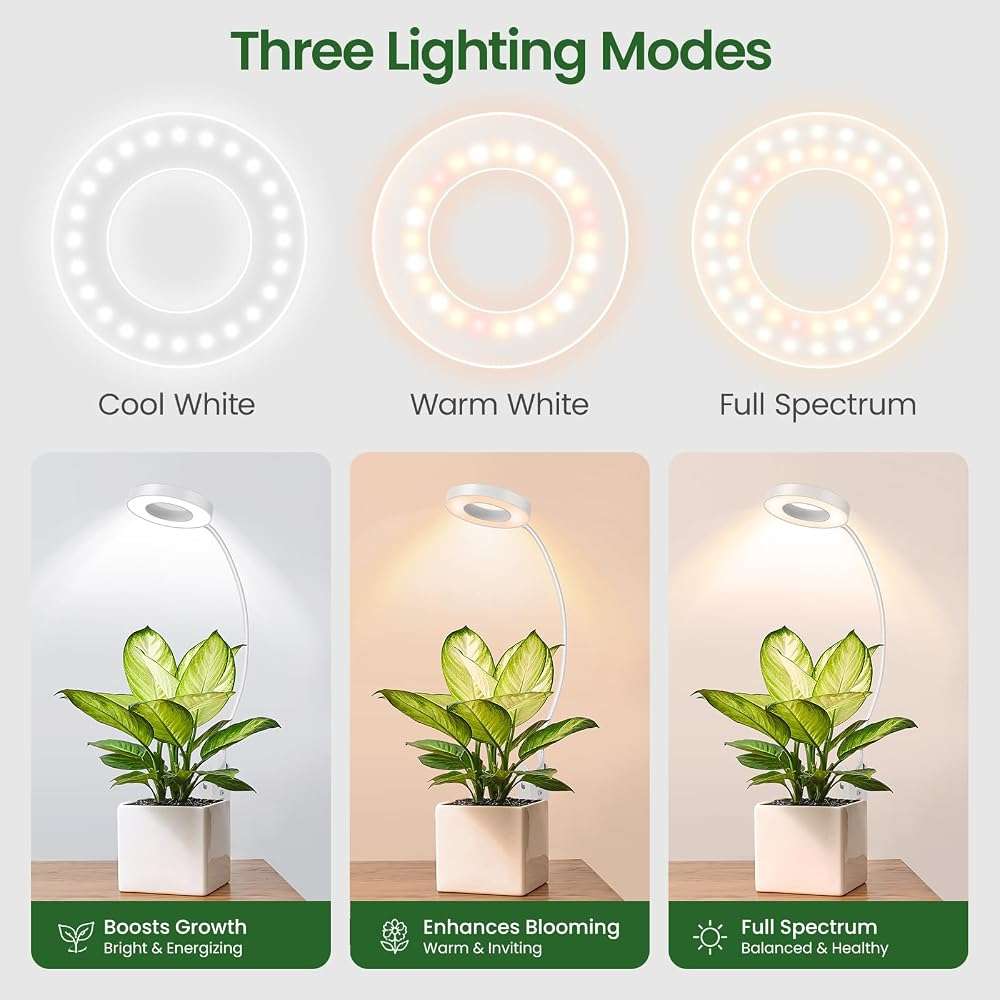 LORDEM Grow Lights for Indoor Plants, 2 in 1 Full Spectrum Plant Light with 360° Gooseneck, 48 LEDs, Auto Timer 6/8/12/16H, 3 Lighting Modes,5 Brightness Levels for Small Plants, 1 Pack White - Image 3