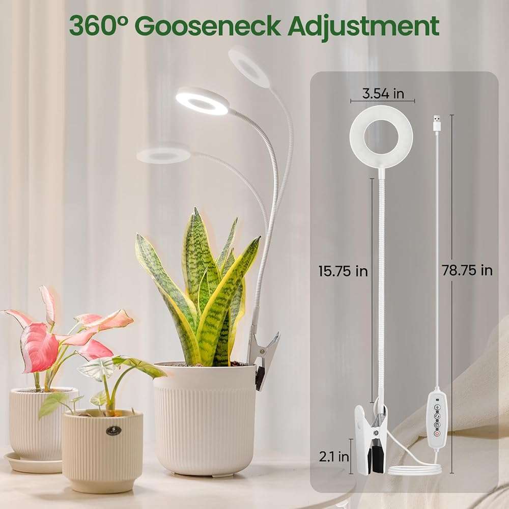 LORDEM Grow Lights for Indoor Plants, 2 in 1 Full Spectrum Plant Light with 360° Gooseneck, 48 LEDs, Auto Timer 6/8/12/16H, 3 Lighting Modes,5 Brightness Levels for Small Plants, 1 Pack White - Image 4