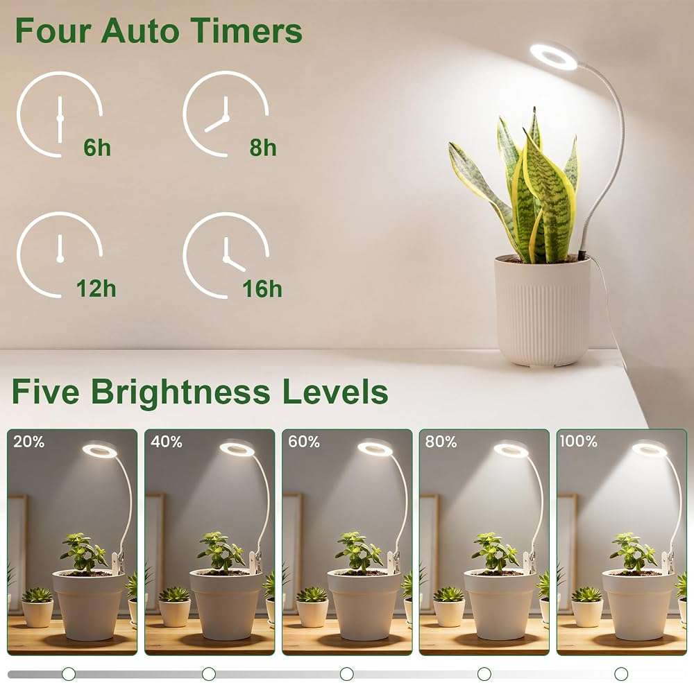 LORDEM Grow Lights for Indoor Plants, 2 in 1 Full Spectrum Plant Light with 360° Gooseneck, 48 LEDs, Auto Timer 6/8/12/16H, 3 Lighting Modes,5 Brightness Levels for Small Plants, 1 Pack White - Image 5
