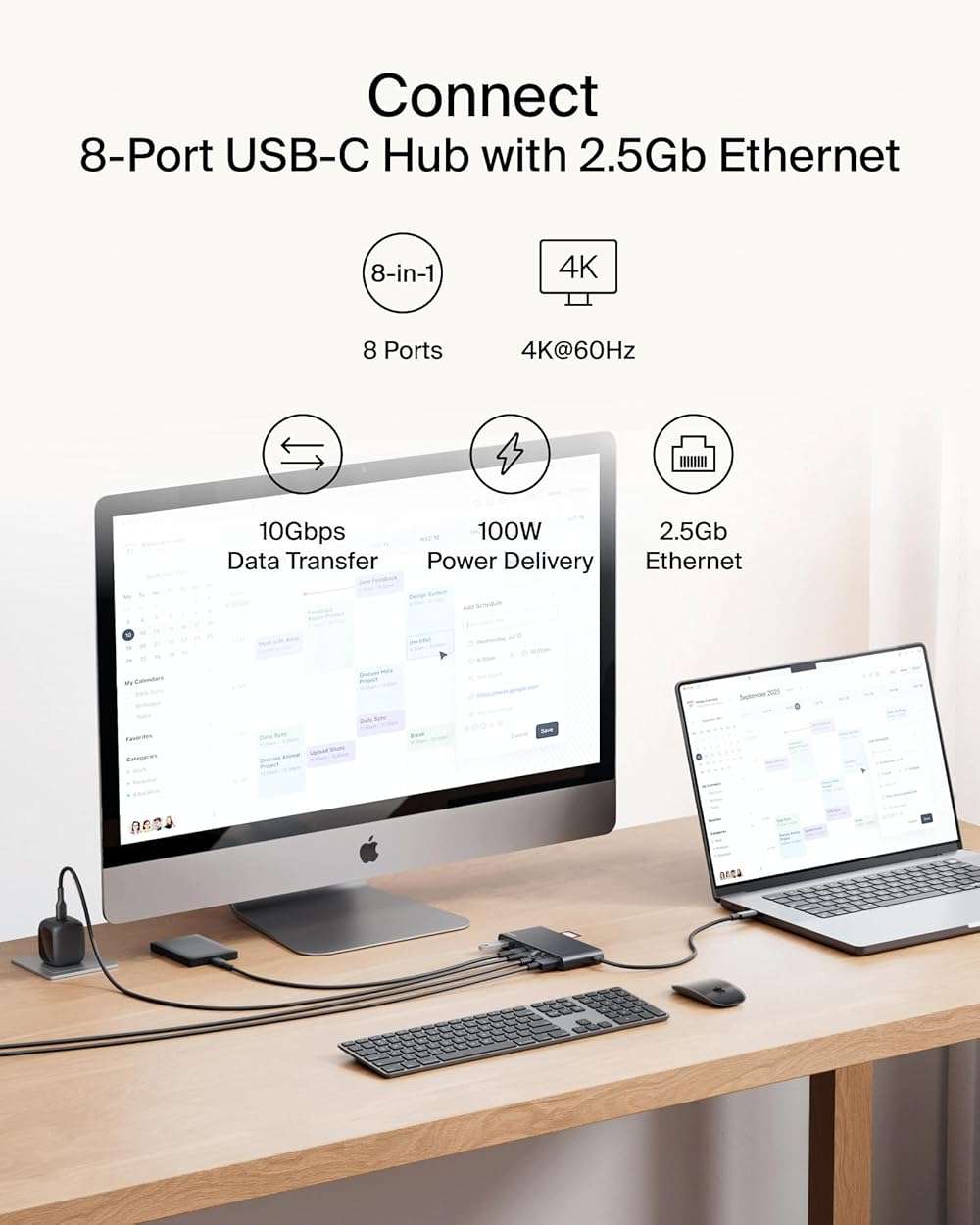 Belkin Connect 8-Port USB C Hub, Supports Display w/Resolutions up to 4K@60Hz - Works with Neo MacBook, Windows, Chromebook, & More - 100W PD w/ 10Gbps Data Transfer Speeds & 2.5Gbps Ethernet - Black - Image 2
