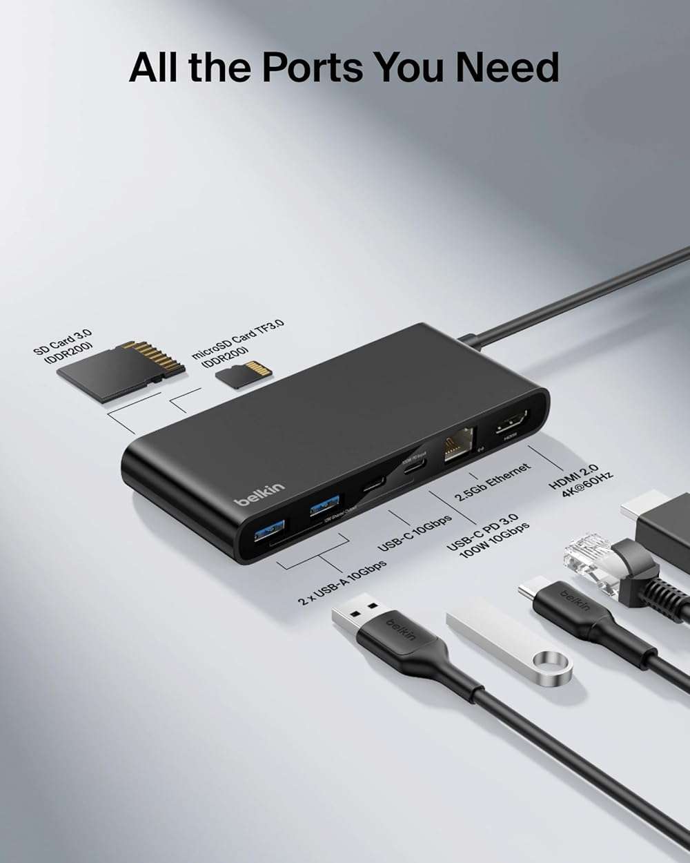 Belkin Connect 8-Port USB C Hub, Supports Display w/Resolutions up to 4K@60Hz - Works with Neo MacBook, Windows, Chromebook, & More - 100W PD w/ 10Gbps Data Transfer Speeds & 2.5Gbps Ethernet - Black - Image 3