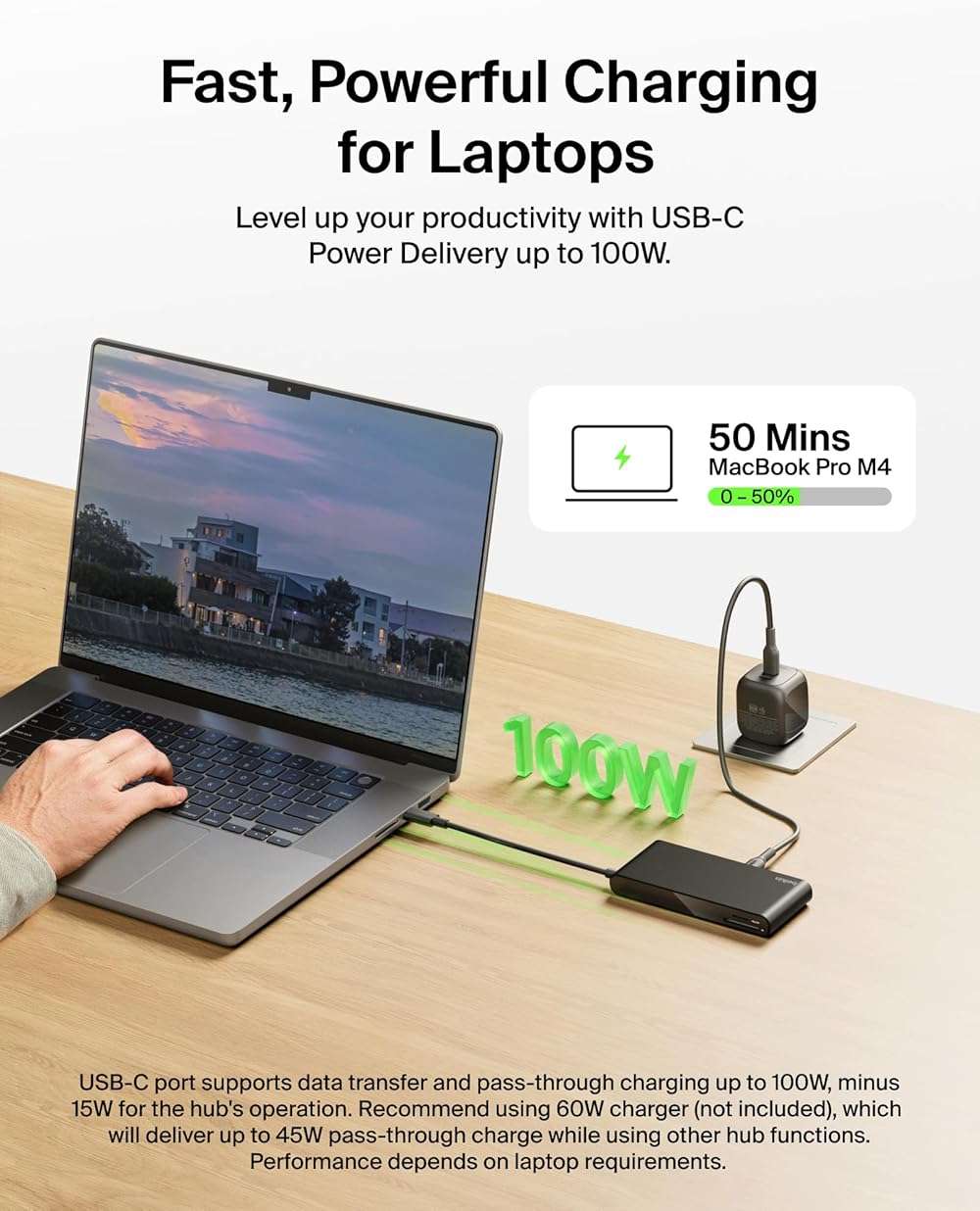 Belkin Connect 8-Port USB C Hub, Supports Display w/Resolutions up to 4K@60Hz - Works with Neo MacBook, Windows, Chromebook, & More - 100W PD w/ 10Gbps Data Transfer Speeds & 2.5Gbps Ethernet - Black - Image 4