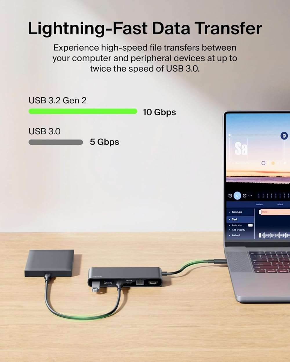 Belkin Connect 8-Port USB C Hub, Supports Display w/Resolutions up to 4K@60Hz - Works with Neo MacBook, Windows, Chromebook, & More - 100W PD w/ 10Gbps Data Transfer Speeds & 2.5Gbps Ethernet - Black - Image 6
